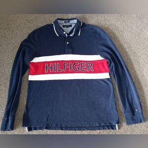 Rare Tommy Hilfiger Embroidered SPELL OUT Rugby Long Sleeved Shirt Large